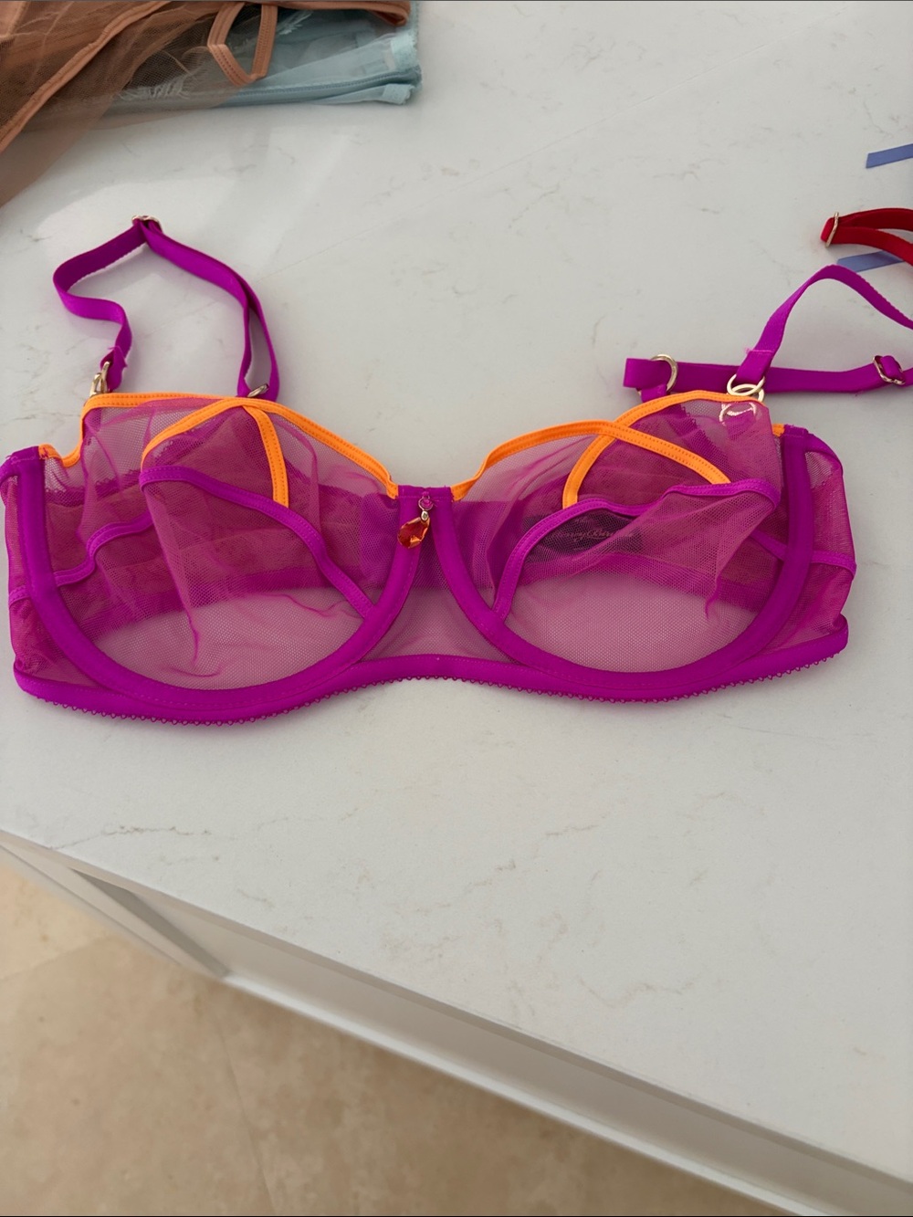 Honey Birdette Sheer Mesh Balconette Bra in Fuchsia with Orange Trim